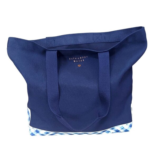 NWT Bath and Body Works Blue Gingham Tote Bag VIP Canvas Spring Plaid Beach Bag - Picture 1 of 7